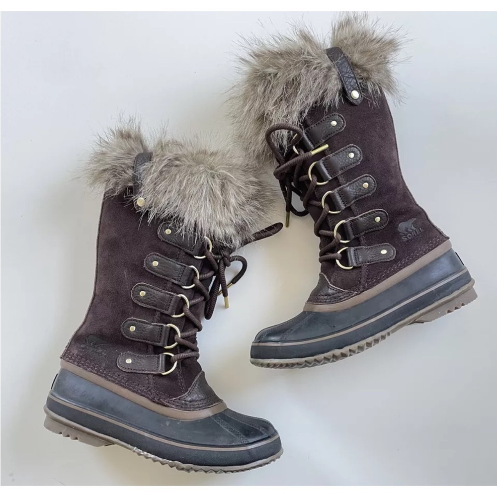 Sorel Snow Brown Waterproof Leather Boots Insulated fur trim Womens size 6